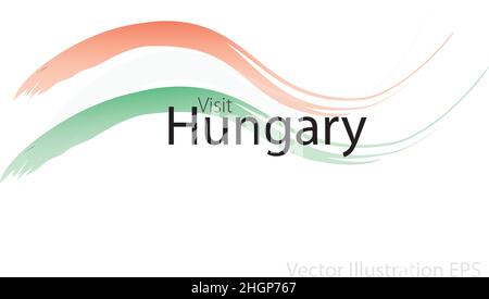 the slogan visit Hungary with curved waves in watercolor style which are in the colors of the national flag. Vector Illustration Stock Vector