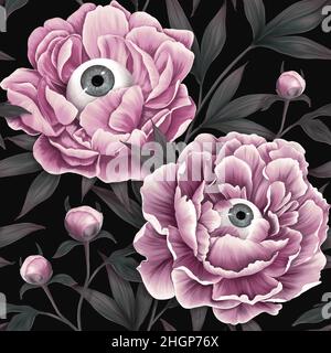Mystical seamless pattern. Mysterious wallpapers, fantastic flowers. Floral dark background. Peonies, eyes, horrors. Vintage hand drawn flowers, buds, Stock Photo