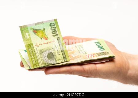 Sri Lanka rupees lying on an outstretched hand, Many banknotes, high value of money, Light background, Stock Photo