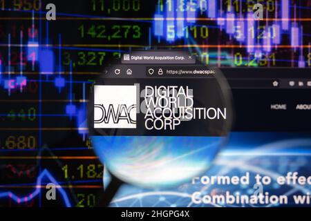 Digital World Acquisition Corp DWAC company logo on a website with blurry stock market developments in the background, seen on a computer screen Stock Photo