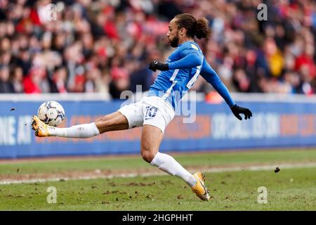 Sunderland, UK. 22nd Jan, 2022. Marcus Harness of Portsmouth during the Sky Bet League One match between Sunderland and Portsmouth at Stadium of Light on January 22nd 2022 in Sunderland, England. (Photo by Daniel Chesterton/phcimages.com) Credit: PHC Images/Alamy Live News Stock Photo
