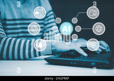 Man with tablet and notebook with Artificial Intelligence (AI),on big data network machine learning and data on the dark background, artificial intell Stock Photo