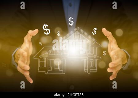 engineering and architecture drawings concept, Engineer man hold house on virtual screen of architect ,Insurance agent with model of house on light ba Stock Photo