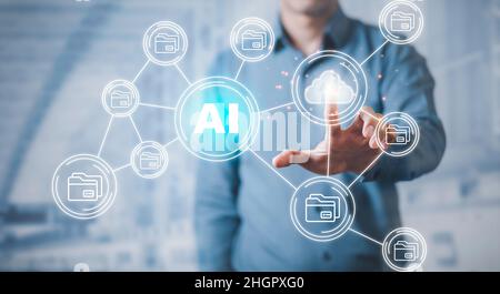 Businessman using finger to touch fingerprint interface scan password Artificial Intelligence (AI) technology icons, machine learning, digital transfo Stock Photo