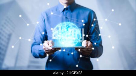 Concept of business ideas and data storage, Businessman hand touching Virtual reality man with symbol neurons in the brain, network connection on glit Stock Photo