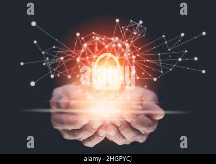 The Man hand holding light bulb with line connect and working on the desk, Creativity and innovation are keys to success.Concept of new idea and innov Stock Photo