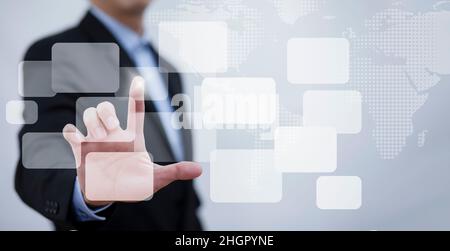 Businessman pushing touch screen button empty  on the graph Screen Icon of media screen, Technology Process System Business with Communication,Concept Stock Photo