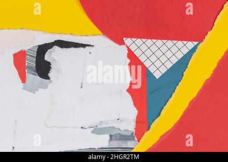 Old grunge ripped torn collage posters creased crumpled paper placard texture background with red, yellow, white, blue colors Stock Photo
