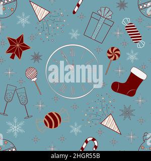 seamless pattern a group of new year illustrations on a blue background Stock Vector