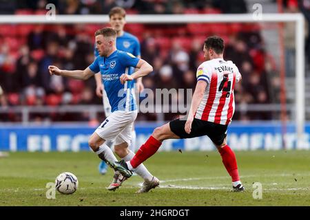 Sunderland, UK. 22nd Jan, 2022. Joe Morrell of Portsmouth during the Sky Bet League One match between Sunderland and Portsmouth at Stadium of Light on January 22nd 2022 in Sunderland, England. (Photo by Daniel Chesterton/phcimages.com) Credit: PHC Images/Alamy Live News Stock Photo