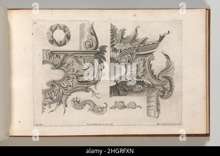Suggestion for the Decoration of the Lower and Top Right of a Frame Combined with Several Additional Ornaments, Plate 3 from: 'Unterschidliche Auszierungen zu Thüren und Fenster, etc. etc. sehr nutzlich zu gebrauchen' Printed ca. 1750–56 Jeremias Wachsmuth Ornament print with suggestions for the decoration of the lower right of a frame of a pier glass or altar, and the top right corner of an altar or door, two additional rocaille ornaments and a wreath made of shells are added on the same sheet. This print is bound in an album containing 27 series with a total of 122 ornament prints from the f Stock Photo