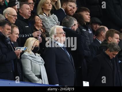 Liverpool, England, 22nd January 2022.  Everton Chairman Bill Kenwright reacts as a banner calling for his exit is flown over the ground before the Premier League match at Goodison Park, Liverpool. Picture credit should read: Darren Staples / Sportimage Stock Photo