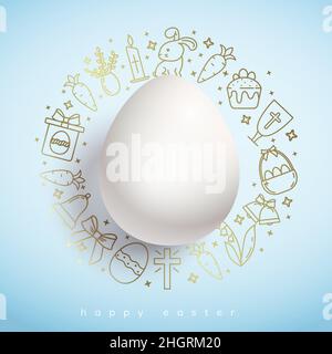 A white egg in the center of a golden wreath of Easter icons on a blue background. Easter holiday card. Stock Vector