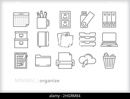Set of organization icons to store, sort, file and organize data, documents and paperwork Stock Vector
