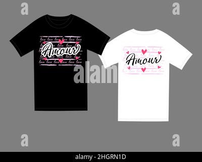 The French word Love Amour decorative text. Hearts illustration. Valentine's day greeting calligraphy. Amour printed t-shirt concept black and white c Stock Vector