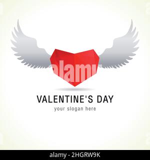 Heart and wings February 14 creative logo. White background. Abstract isolated graphic design template. Greeting card. Happy Valentines day congrats e Stock Vector