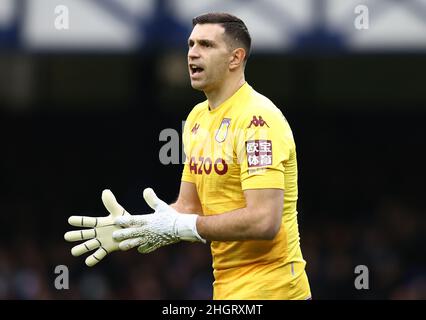 Liverpool, England, 22nd January 2022.  Emiliano Martinez of Aston Villa during the Premier League match at Goodison Park, Liverpool. Picture credit should read: Darren Staples / Sportimage Stock Photo