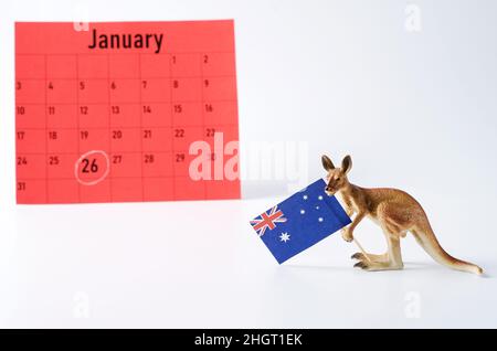 Australia Day 26 January or Anzac Day, kangaroo with the flag of Australia on a white background, copy space Stock Photo