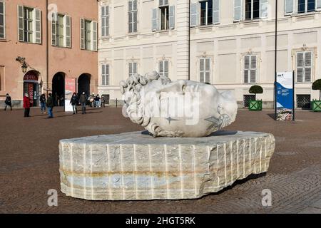 'Souvenir David' tattoed statue (2020) by the artist Fabio Viale in front of Palazzo Reale during the exhibition 'In Between', Turin, Piedmont, Italy Stock Photo