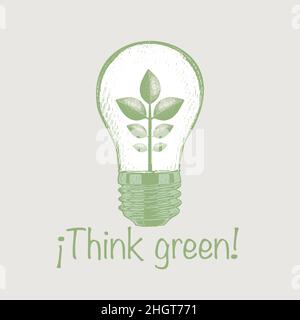 Eco illustration.Environment theme, icon, think green with bulb light. Stock Vector