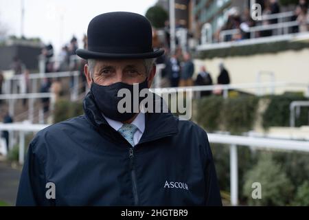Ascot, Berkshire, UK. 22nd January, 2022. Ascot Racecourse stewards complying with the current Covid-19 Government measures wearing face masks at the SBK Clarence House Chase Raceday at Ascot Racecourse today. Credit: Maureen McLean/Alamy Live News Stock Photo