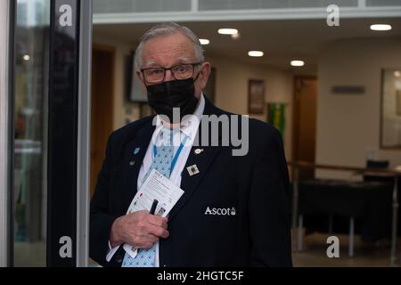Ascot, Berkshire, UK. 22nd January, 2022. Ascot Racecourse stewards complying with the current Covid-19 Government measures wearing face masks at the SBK Clarence House Chase Raceday at Ascot Racecourse today. Credit: Maureen McLean/Alamy Live News Stock Photo