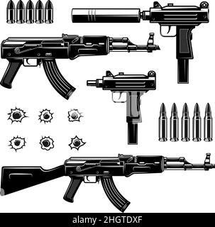 Set of illustrations of weapon.Uzi submachine gun, ak-47. Design element for logo, label, sign, poster. Vector illustration Stock Vector