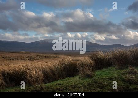 Bogland at the edge of Wild Nephin National Park in Ireland. Snow on the mountaintops of Wild Nephin Mountains. Stock Photo