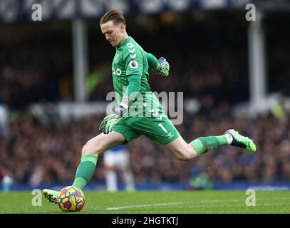 Liverpool, England, 22nd January 2022.  Jordan Pickford of Everton during the Premier League match at Goodison Park, Liverpool. Picture credit should read: Darren Staples / Sportimage Stock Photo