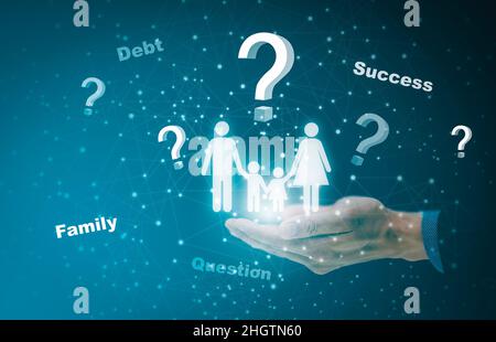 Family with question concept, Businessman hand Family with question marks sign web, Question marks drawn on black background. Concept of searching for Stock Photo