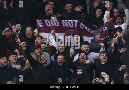 Liverpool, England, 22nd January 2022.  Aston Villa fans celebrate after the Premier League match at Goodison Park, Liverpool. Picture credit should read: Darren Staples / Sportimage Stock Photo