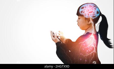 Brain with artificial intelligence concept, Child head and brain.Artificial Intelligence, AI Technology, thinking process and Psychology, digital brai Stock Photo