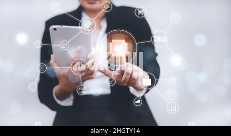 Businesswoman touch icons with  line technology of Artificial Intelligence (AI), on big data network machine learning and data on the dark background, Stock Photo