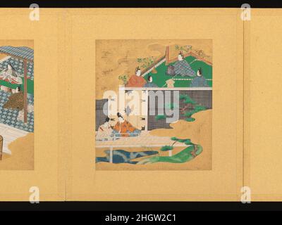 Scenes from The Tale of Genji early 17th century Tosa School These elegant and richly colored Tale of Genji illustrations are stylistically and compositionally close to the refined, almost miniaturist album-leaf paintings by Tosa Mitsuyoshi (1539–1613) and his Tosa school successor, Mitsunori (1583–1638). Although slightly less delicate and gossamer in quality than the album paintings of either, the scenes created by this unknown artist exhibit a similar attention to minute detail, highlighted in these albums by layers of mineral pigments and the application of gold and sprinkled gold. Each of Stock Photo