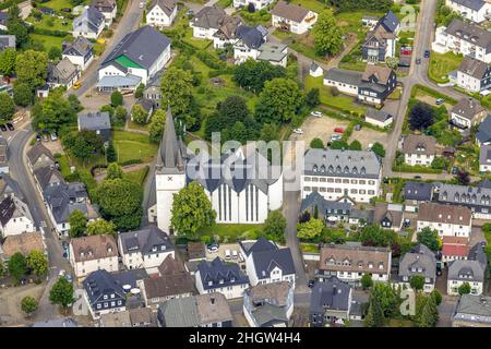 Aerial view, St. Clemens Parish Church, Old Monastery, former Cistercian abbey, houses municipal building authority and music school, Drolshagen, Saue