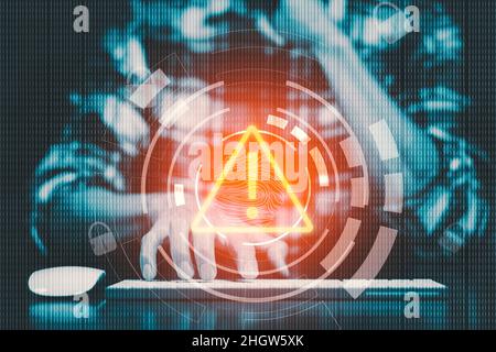 Hand Hacker touch laptop or smartphone and Touching in graph Screen code of a media screen on the White background, Technology Process System Business Stock Photo