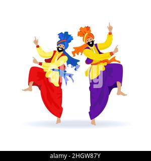 Two happy bearded Sikh men in turbans, colorful clothes, dancing traditional bhangra dance on Indian festival Lohri, party. Cartoon flat illustration Stock Vector