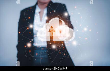 Business woman touching connect to data information on cloud computing network. Cloud computing concept.Cloud computing and network security, Cloud sh Stock Photo