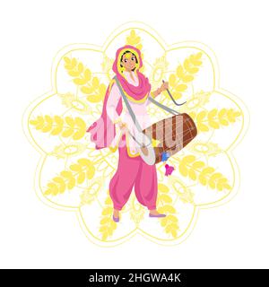 Happy smiling young Sikh woman in Punjabi pink salwar kameez suit, dupatta shawl, playing traditional dhol drum on Indian harvest festival Lohri, part Stock Vector