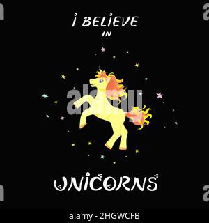 Joyful cartoonish yellow blue-eyed unicorn with fly-away yellow and light-red mane and tail, rearing up in colourful stars, I Believe in Unicorns Stock Vector