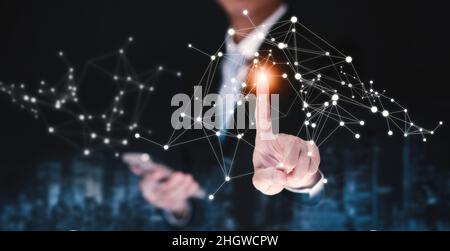 Businessman touch connections system and global data exchange. ,Business network connection concept. hologram screen displaying modern web system Wire Stock Photo