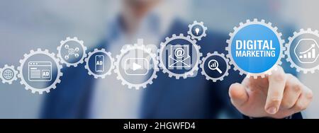 Digital marketing expert working on social media network advertising, online ad on internet website, mobile and email newsletter communication adverti Stock Photo