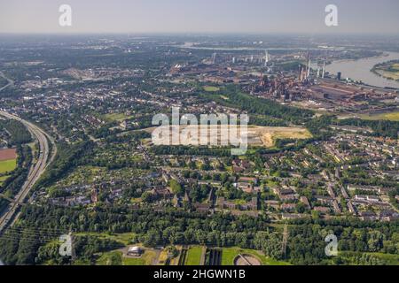 Aerial view, brownfield revitalisation commercial area Friedrich-Park,planned thoroughfare, DITIB Merkez Mosque, Marxloh, Duisburg, Ruhr area, North R Stock Photo