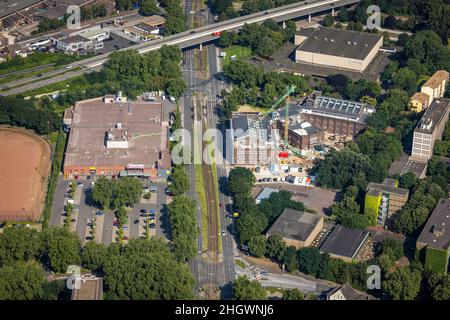 Aerial photograph, construction site for planned office building, former Hamborn municipal swimming pool, Duisburger Straße corner Walther-Rathenau-St Stock Photo