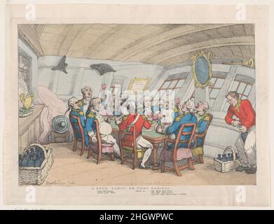 A Snug Cabin, or Port Admiral June 21, 1808 Thomas Rowlandson British Officers gathered around a table on board a shp raise their glasses to offer a toast at the end of a meal. A sailor opens a bottle at right. An empty basket of bottles at left. Food on the sideboard at left next to a silver urn and large platter.. A Snug Cabin, or Port Admiral. Thomas Rowlandson (British, London 1757–1827 London). June 21, 1808. Hand-colored etching. Rudolph Ackermann, London (active 1794–1829). Prints Stock Photo