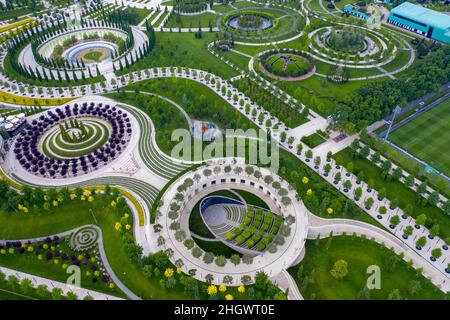 Krasnodar, Russia - June 10, 20121: Stadium of FC Krasnodar and Krasnodar City Park known as Galitsky Park. Drone aerial photography. Stock Photo