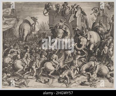 The Battle Between Scipio and Hannibal at Zama 1550–78 Cornelis Cort Netherlandish. The Battle Between Scipio and Hannibal at Zama. Cornelis Cort (Netherlandish, Hoorn ca. 1533–1578 Rome). 1550–78. Engraving. Prints Stock Photo