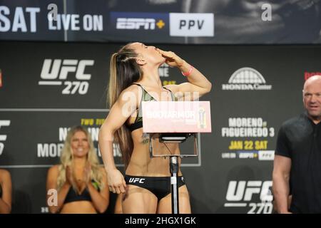 Anaheim, California, USA. 21st Jan, 2022. Vanessa Demopoulos steps on the scale for the ceremonial weigh-ins in front of California fans atAnaheim Convention Center for UFC270: Ngannou vs Gane: Ceremonial Weigh-in. (Credit Image: © Louis Grasse/PX Imagens via ZUMA Press Wire) Stock Photo