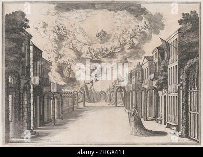 A woman standing on an empty street, gazing up at the Olympian gods in the sky; set design from 'Il Fuoco Eterno' 1674 Mathäus Küsel One of twelve plates depicting the stage sets designed by Lodovico Burnacini for 'Il Fuoco Eterno Custodito Dalle Vestali', an opera celebrating the birth of Maria Anna Antonia, Archduchess of Austria in 1672. The Archduchess was the daughter of Emperor Leopold I and his second wife Claudia Felicitas, heiress of Tirol. Composed by Antonio Draghi with a libretto by Nicoló Minato, the opera was performed in the Hoftheater in Vienna on October 30, 1674.. A woman sta Stock Photo
