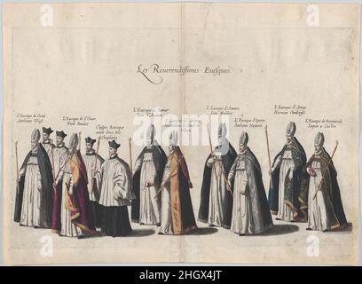 Plate 12: Members of the clergy marching in the funeral procession of Archduke Albert of Austria; from 'Pompa Funebris ... Alberti Pii' 1623 Cornelis Galle I Plate from 'Pompa Funebris ... Alberti Pii', after Jacques Francquart, illustrating the funeral procession of Albert the Pious (1559–1621), Archduke of Austria, son of Emperor Maximilian II. 2 sheets pasted together at center.The first edition of this series contains 54 numbered plates and an engraved title page, published in 1623.The second and third editions contain 66 plates and were published in 1728 and 1729 respectively.. Plate 12: Stock Photo
